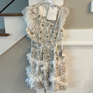 Mac Duggal- Embellished Jewel Neck Tulle Ruffle Mini Dress- Ivory- Size 8
